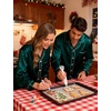 image:imageSWOMOG Couples Silky Satin Pajama Set Long Sleeve Pj Set Button Dwon Loungewear 2 PCS Sleepwear SetDeep Green