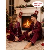 image:imageSWOMOG Couples Silky Satin Pajama Set Long Sleeve Pj Set Button Dwon Loungewear 2 PCS Sleepwear SetDeep Wine Red