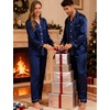 image:imageSWOMOG Couples Silky Satin Pajama Set Long Sleeve Pj Set Button Dwon Loungewear 2 PCS Sleepwear SetNavy Blue
