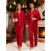 image:imageSWOMOG Couples Silky Satin Pajama Set Long Sleeve Pj Set Button Dwon Loungewear 2 PCS Sleepwear SetRed