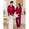 image:imageSWOMOG Family Satin Pajama Set Long Sleeve Sleepwear Button Down Loungewear Silky Pj Set with Long PantsBurgundy