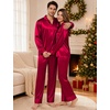image:imageSWOMOG Family Satin Pajama Set Long Sleeve Sleepwear Button Down Loungewear Silky Pj Set with Long PantsBurgundy