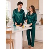 image:imageSWOMOG Family Satin Pajama Set Long Sleeve Sleepwear Button Down Loungewear Silky Pj Set with Long PantsDeep Green