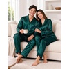 image:imageSWOMOG Family Satin Pajama Set Long Sleeve Sleepwear Button Down Loungewear Silky Pj Set with Long PantsDeep Green