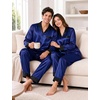 image:imageSWOMOG Family Satin Pajama Set Long Sleeve Sleepwear Button Down Loungewear Silky Pj Set with Long PantsNavy Blue