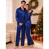 image:imageSWOMOG Family Satin Pajama Set Long Sleeve Sleepwear Button Down Loungewear Silky Pj Set with Long PantsNavy Blue