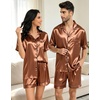 image:imageSWOMOG Satin Matching Pajamas Sets Couple Silk Button Down Nightwear Women amp Men Short Sleeve Sleepwear 2 Pieces LoungewearKhaki