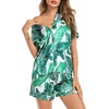 image:imageSWOMOG Satin Matching Pajamas Sets Couple Silk Button Down Nightwear Women amp Men Short Sleeve Sleepwear 2 Pieces LoungewearWhite Leaves