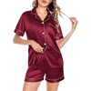 image:imageSWOMOG Satin Matching Pajamas Sets Couple Silk Button Down Nightwear Women amp Men Short Sleeve Sleepwear 2 Pieces LoungewearWine Red