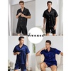 image:imageSWOMOG Silk Satin Pajamas Sets for Men Short Sleeve 2 Piece Button Down Sleepwear Mens Loungewear Sets with PocketsDeep Navy Blue