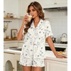 image:imageSWOMOG Woman Pajama Set Short Sleeve Pjs Set 2Pcs Short Pajamas Button Down Ruffle Hem Sleepwear Soft Modal LoungewearCream Blue Butterfly