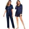 image:imageSWOMOG Women 4Pcs Silk Pajamas Set Button Down Sleepwear Loungewear Pj Sets for Ladies NightwearDeep Navy Blue