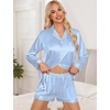 image:imageSWOMOG Womens 2 PCS  3 PCS Pajamas Set Silk Satin Long Sleeve Sleepwear Button Down Loungewear Pjs NightwearZ  Blue Striped  2 Pcs
