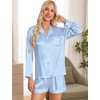 image:imageSWOMOG Womens 2 PCS  3 PCS Pajamas Set Silk Satin Long Sleeve Sleepwear Button Down Loungewear Pjs NightwearZ  Blue Striped  2 Pcs