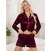 image:imageSWOMOG Womens 2 PCS  3 PCS Pajamas Set Silk Satin Long Sleeve Sleepwear Button Down Loungewear Pjs NightwearZ  Deep Wine Red  2 Pcs