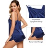 image:imageSWOMOG Womens 4pcs Pajamas Sets Silk Satin Pjs Sexy Cami Shorts Set Button Down Long Short Sleeve Sleepwear LoungewearNavy Blue