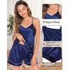 image:imageSWOMOG Womens 4pcs Pajamas Sets Silk Satin Pjs Sexy Cami Shorts Set Button Down Long Short Sleeve Sleepwear LoungewearNavy Blue