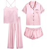 image:imageSWOMOG Womens 4pcs Pajamas Sets Silk Satin Pjs Sexy Cami Shorts Set Button Down Long Short Sleeve Sleepwear LoungewearPink