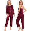 image:imageSWOMOG Womens 4pcs Pajamas Sets Silk Satin Pjs Sexy Cami Shorts Set Button Down Long Short Sleeve Sleepwear LoungewearWine Red