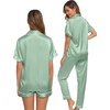 image:imageSWOMOG Womens Silk Satin Pajama Sets 3Pcs Button Down Pj Set Short Sleeve Sleepwear Loungewear Pjs Nightwear XSXXLAvocado Green Large