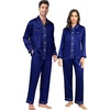 image:imageSWOMOG Couples Satin Pajamas Set 2PCS Pjs Sets Long Sleeve amp Pants Sleepwear Button Down Loungewear with Pocket Women Z  Double Piping  Deep Navy Blue XLarge
