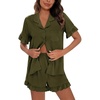 image:imageSWOMOG Woman Pajama Set Short Sleeve Pjs Set 2Pcs Short Pajamas Button Down Ruffle Hem Sleepwear Soft Modal LoungewearArmy Green