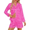 image:imageSWOMOG Womens 2 PCS  3 PCS Pajamas Set Silk Satin Long Sleeve Sleepwear Button Down Loungewear Pjs NightwearZ  Hot Pink Leopard  2 Pcs
