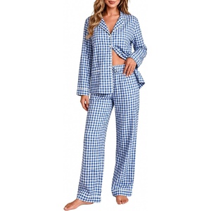 image:imageSWOMOG 100 Cotton Women Pajamas Set Long Sleeve Sleepwear Button Down Lounge Set 2 Piece Nightwear with PocketBlue Grid