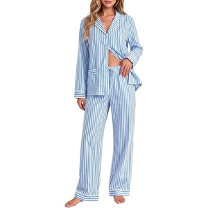 image:imageSWOMOG 100 Cotton Women Pajamas Set Long Sleeve Sleepwear Button Down Lounge Set 2 Piece Nightwear with PocketBlue White Stripes