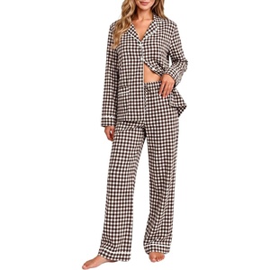image:imageSWOMOG 100 Cotton Women Pajamas Set Long Sleeve Sleepwear Button Down Lounge Set 2 Piece Nightwear with PocketBrown White Plaid