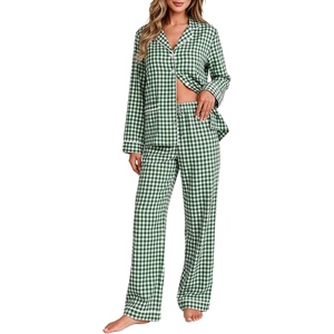 image:imageSWOMOG 100 Cotton Women Pajamas Set Long Sleeve Sleepwear Button Down Lounge Set 2 Piece Nightwear with PocketGreen White Plaid