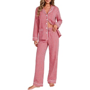 image:imageSWOMOG 100 Cotton Women Pajamas Set Long Sleeve Sleepwear Button Down Lounge Set 2 Piece Nightwear with PocketRed White Plaid