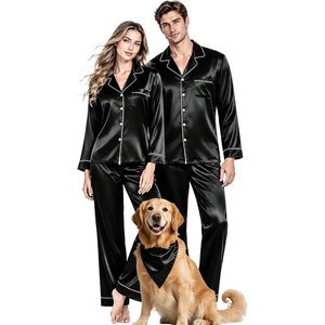 image:imageSWOMOG Couples Matching Silk Satin Pajamas Set Long Sleeve Sleepwear Soft Button Down Loungewear 2 Pcs Pj SetBlack