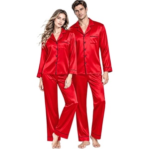 image:imageSWOMOG Couples Matching Silk Satin Pajamas Set Long Sleeve Sleepwear Soft Button Down Loungewear 2 Pcs Pj SetCandy Red