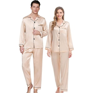 image:imageSWOMOG Couples Matching Silk Satin Pajamas Set Long Sleeve Sleepwear Soft Button Down Loungewear 2 Pcs Pj SetChampagne