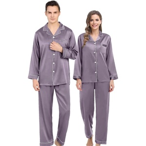 image:imageSWOMOG Couples Matching Silk Satin Pajamas Set Long Sleeve Sleepwear Soft Button Down Loungewear 2 Pcs Pj SetChestnut