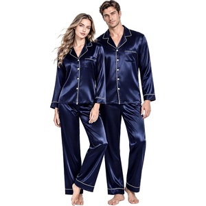 image:imageSWOMOG Couples Matching Silk Satin Pajamas Set Long Sleeve Sleepwear Soft Button Down Loungewear 2 Pcs Pj SetDeep Navy Blue