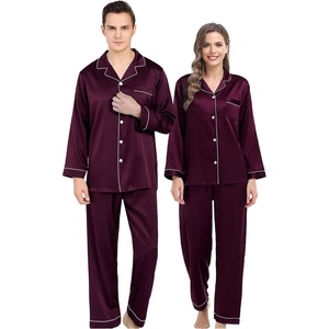 image:imageSWOMOG Couples Matching Silk Satin Pajamas Set Long Sleeve Sleepwear Soft Button Down Loungewear 2 Pcs Pj SetDeep Wine Red
