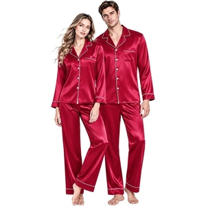 image:imageSWOMOG Couples Matching Silk Satin Pajamas Set Long Sleeve Sleepwear Soft Button Down Loungewear 2 Pcs Pj SetRed