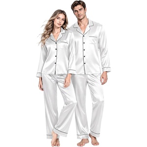 image:imageSWOMOG Couples Matching Silk Satin Pajamas Set Long Sleeve Sleepwear Soft Button Down Loungewear 2 Pcs Pj SetWhite