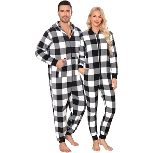 image:imageSWOMOG Couples One Piece Pajamas Sets Christmas Men amp Women Fleece Winter Loungewear ZipUp Jumpsuit with Pockets PjsBig Black White Grid
