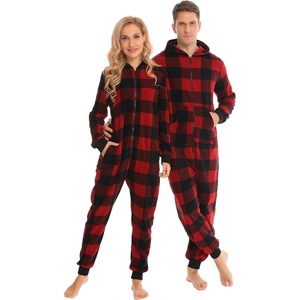 image:imageSWOMOG Couples One Piece Pajamas Sets Christmas Men amp Women Fleece Winter Loungewear ZipUp Jumpsuit with Pockets PjsBlack and Red Plaid