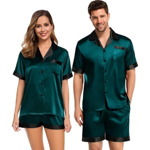 image:imageSWOMOG Couples Pajama Set Women amp Men Silk Satin Short Sleeve Set Top and Shorts Sleepwear Soft ButtonDown LoungewearDeep Green