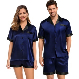 image:imageSWOMOG Couples Pajama Set Women amp Men Silk Satin Short Sleeve Set Top and Shorts Sleepwear Soft ButtonDown LoungewearDeep Navy Blue