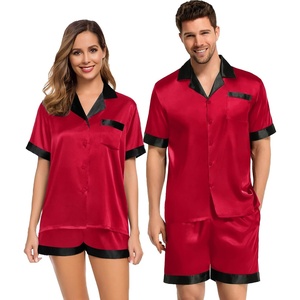 image:imageSWOMOG Couples Pajama Set Women amp Men Silk Satin Short Sleeve Set Top and Shorts Sleepwear Soft ButtonDown LoungewearRed