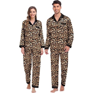 image:imageSWOMOG Couples Pajama Sets Men amp Women Satin Long Sleeve Sleepwear Silky Classic Button Down Soft Loungewear Pjs SetLeopard Print