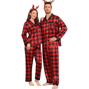 image:imageSWOMOG Couples Pajama Sets Men amp Women Satin Long Sleeve Sleepwear Silky Classic Button Down Soft Loungewear Pjs SetRed Black Plaid