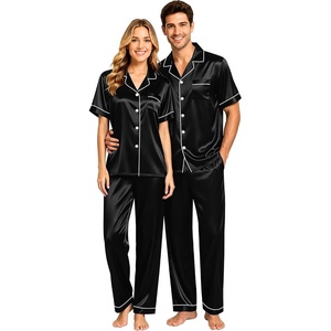 image:imageSWOMOG Couples Pajamas Sets Women amp Men Satin Short Sleeve Sleepwear Button Down Loungewear Pjs Sets with Long PantsBlack