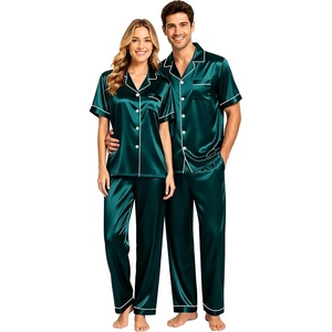 image:imageSWOMOG Couples Pajamas Sets Women amp Men Satin Short Sleeve Sleepwear Button Down Loungewear Pjs Sets with Long PantsDeep Green