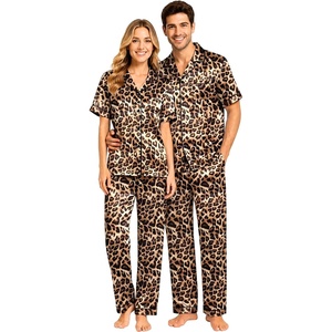 image:imageSWOMOG Couples Pajamas Sets Women amp Men Satin Short Sleeve Sleepwear Button Down Loungewear Pjs Sets with Long PantsLeopard Print